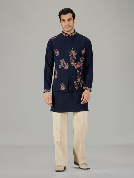 Deep navy botanical embroidered men waistcoat set