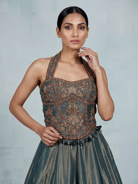 Pastel green silk lehenga choli with aabla and stone detailing