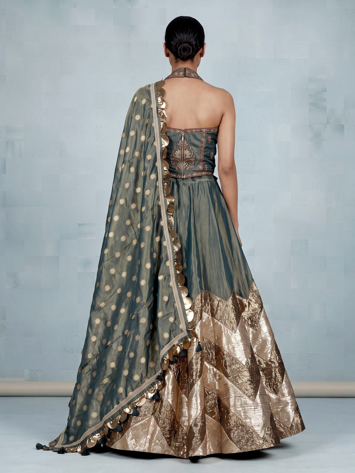 Pastel green silk lehenga choli with aabla and stone detailing