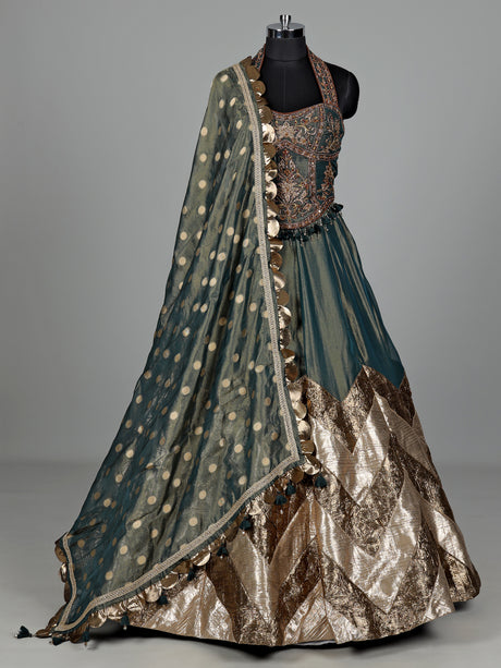 Pastel green silk lehenga choli with aabla and stone detailing