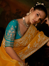 Yellow floral zari tissue silk women saree