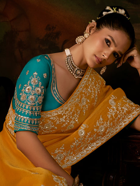 Yellow floral zari tissue silk women saree
