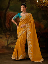 Yellow floral zari tissue silk women saree