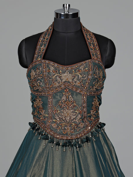 Pastel green silk lehenga choli with aabla and stone detailing