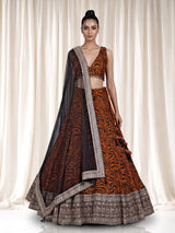 Orange silk lehenga choli with embroidered printed dupatta