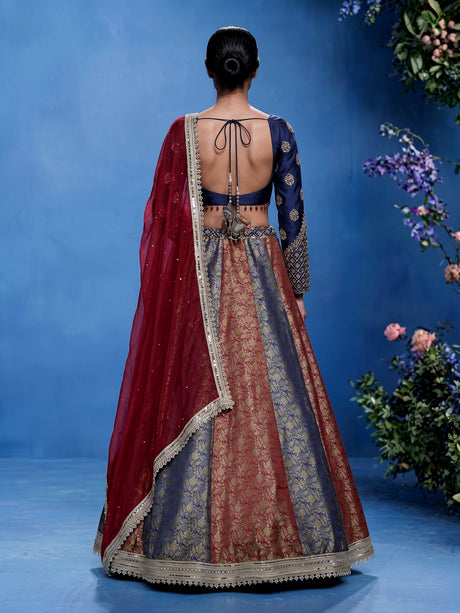 Navy blue brocade lehenga choli with mirror and zari embellishments