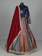 Navy blue brocade lehenga choli with mirror and zari embellishments