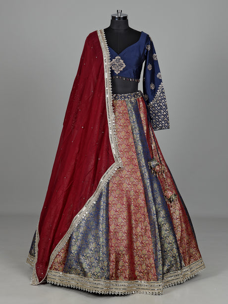 Navy blue brocade lehenga choli with mirror and zari embellishments
