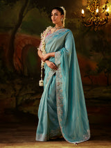 Sky blue floral zari tissue silk women saree
