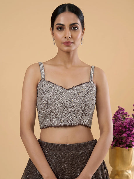 Charcoal black metallic georgette lehenga choli with diamond embellishments