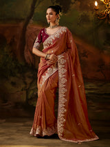 Rust orange floral tissue silk women saree