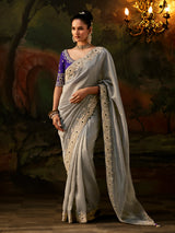 Silver floral sequin tissue silk women saree