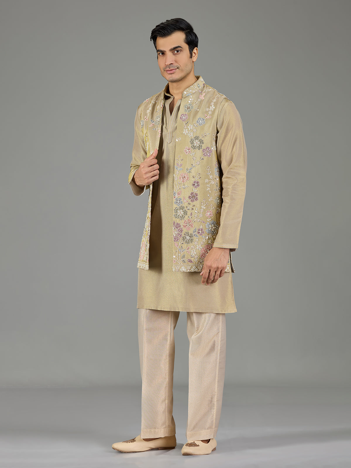 Beige botanical men waistcoat set