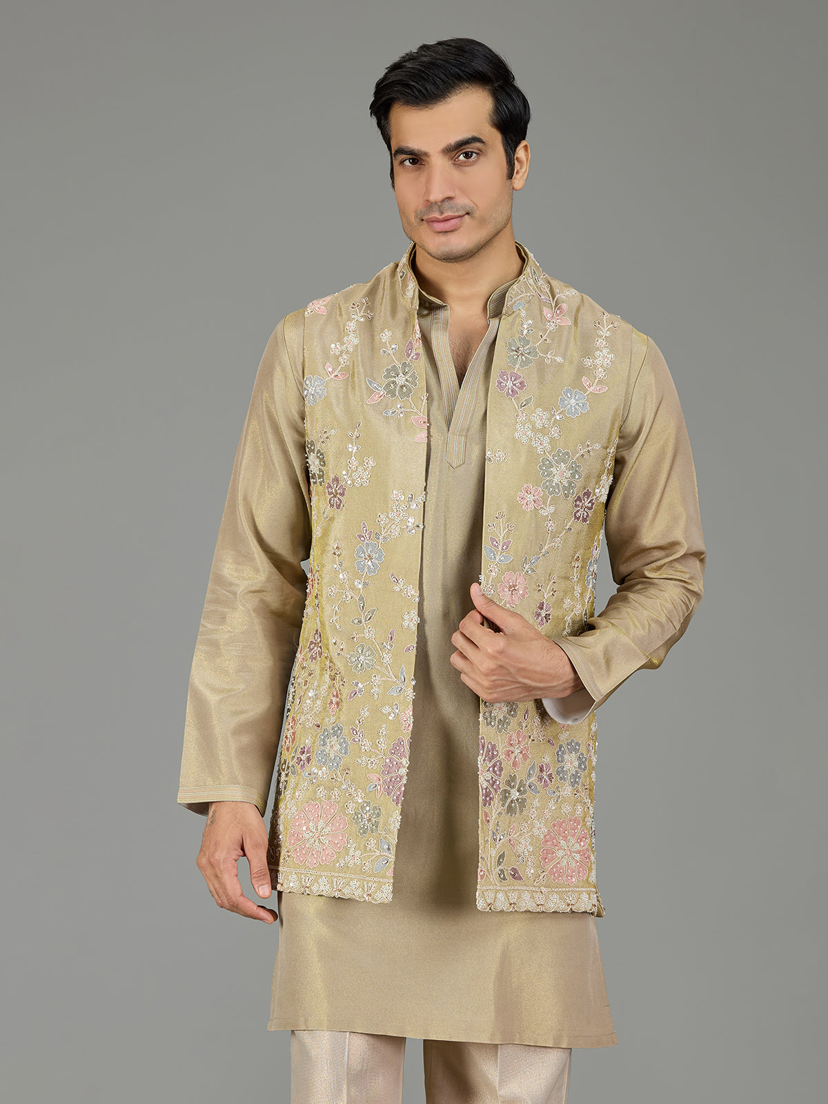 Beige botanical men waistcoat set