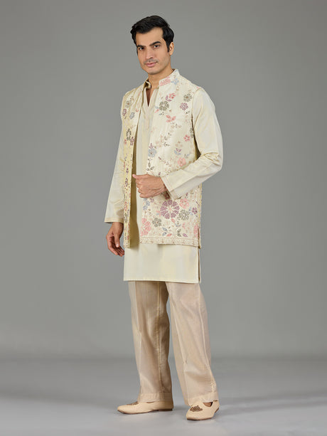 Cream floral embroidered men waistcoat set