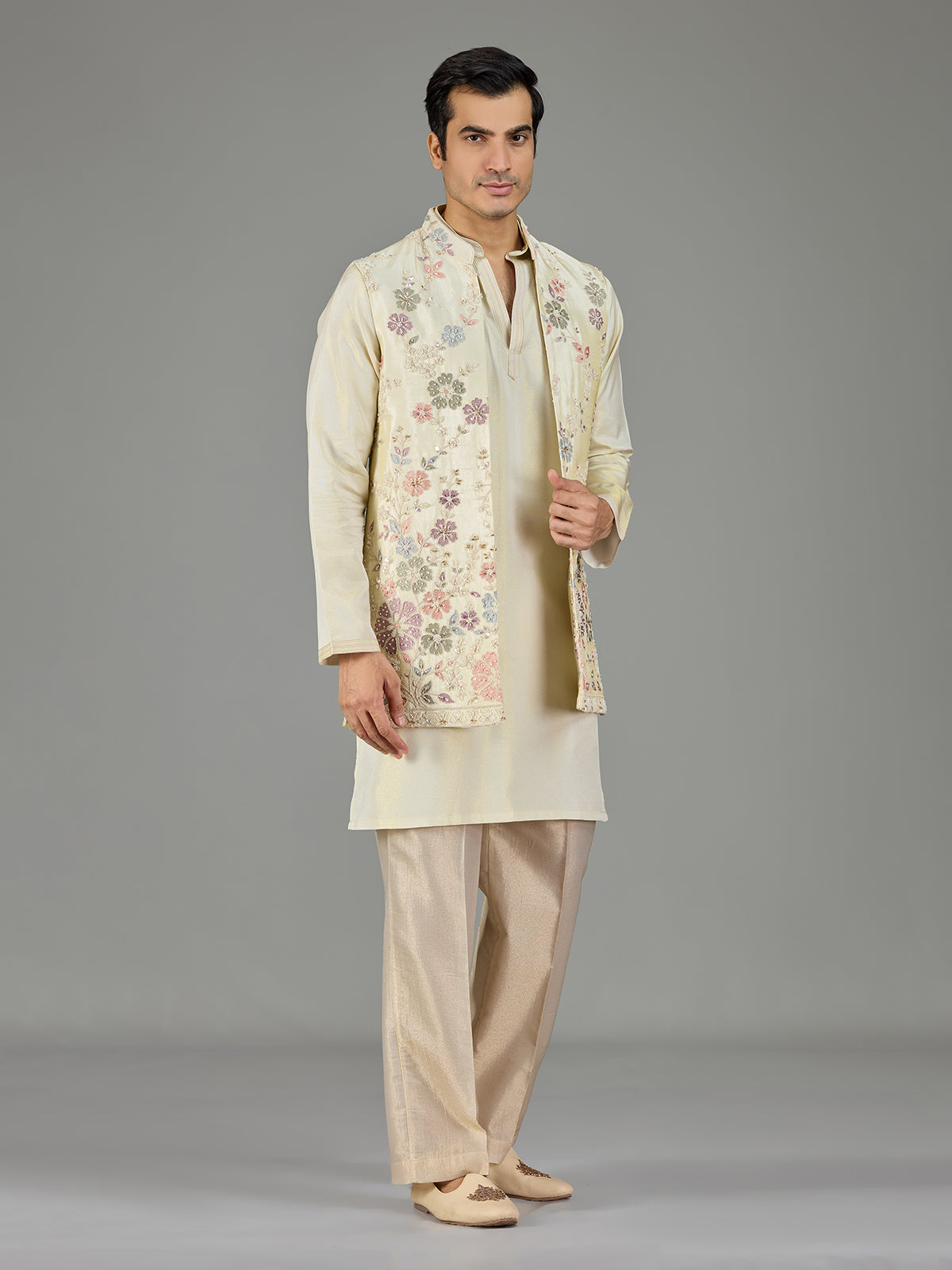 Cream floral embroidered men waistcoat set