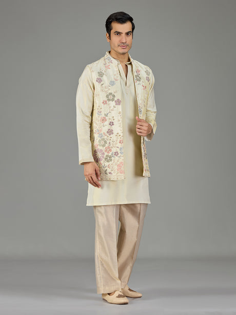 Cream floral embroidered men waistcoat set