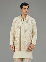 Cream floral embroidered men waistcoat set