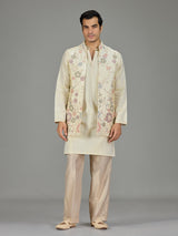 Cream floral embroidered men waistcoat set