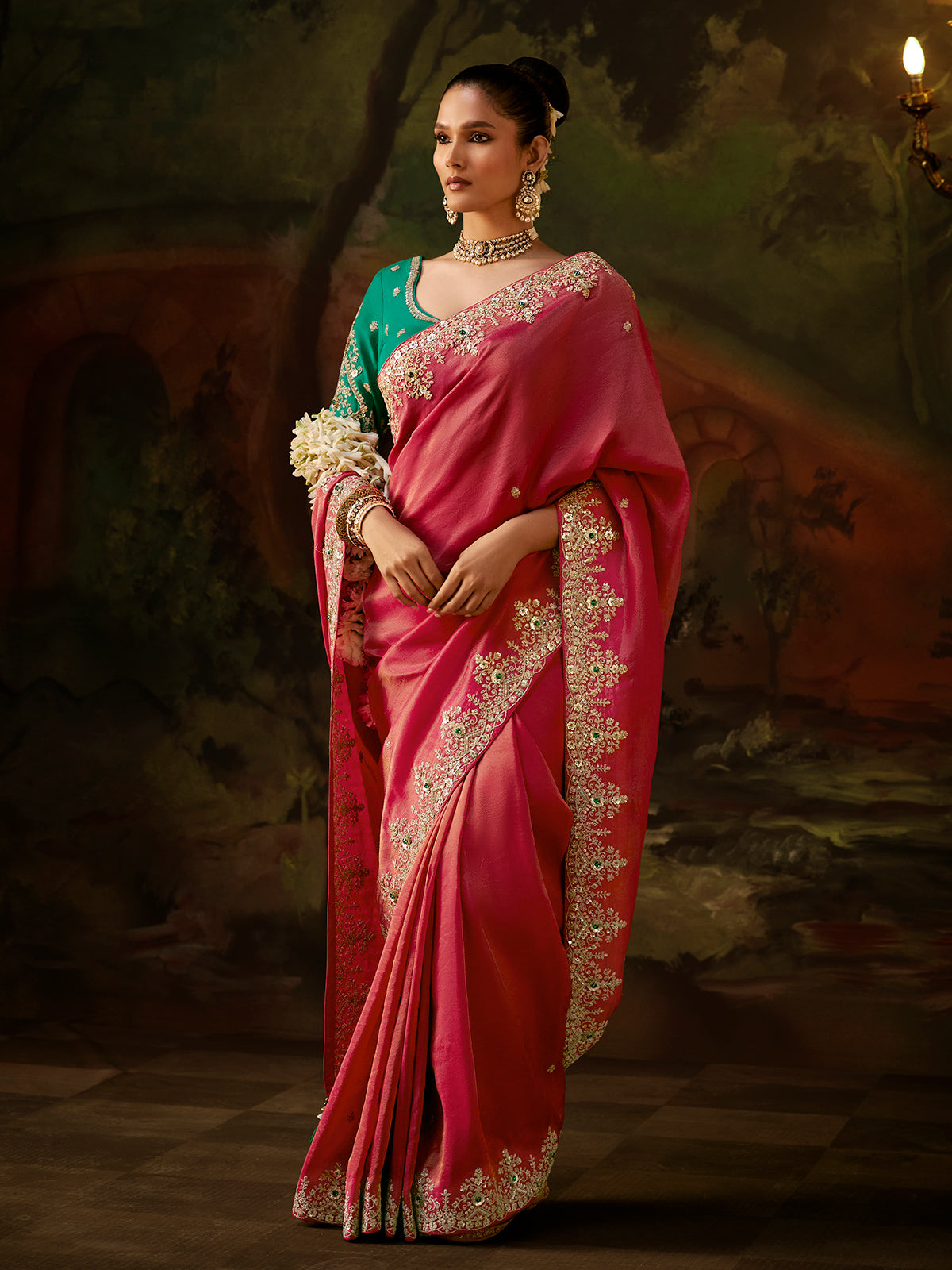 Pink blue contrast tissue silk women saree