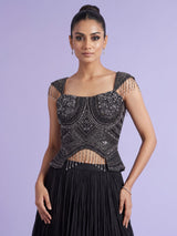 Black chiffon silk lehenga choli with diamond and cutdana embellishments