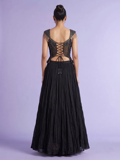 Black chiffon silk lehenga choli with diamond and cutdana embellishments