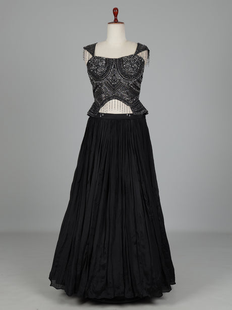 Black chiffon silk lehenga choli with diamond and cutdana embellishments