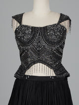 Black chiffon silk lehenga choli with diamond and cutdana embellishments