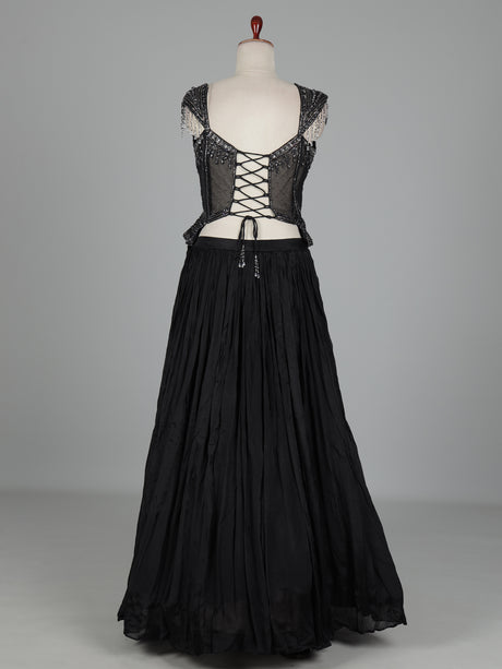 Black chiffon silk lehenga choli with diamond and cutdana embellishments