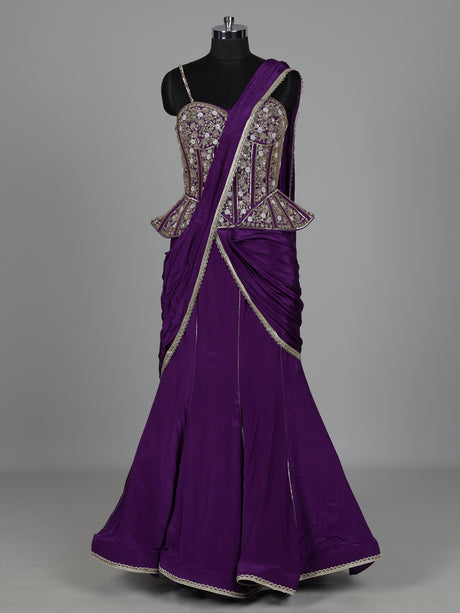 Violet purple satin crepe silk lehenga choli with sequin embellishments