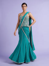 Aqua satin crepe silk lehenga choli with cutdana and gota work