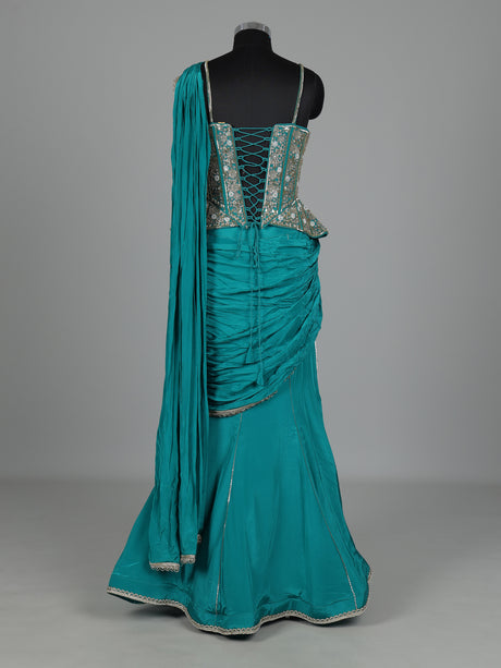 Aqua satin crepe silk lehenga choli with cutdana and gota work