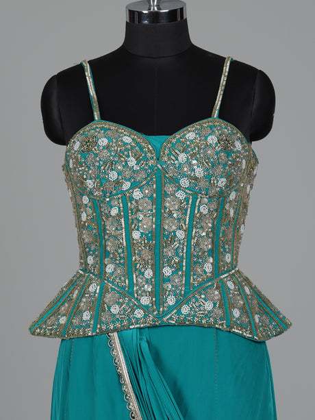 Aqua satin crepe silk lehenga choli with cutdana and gota work