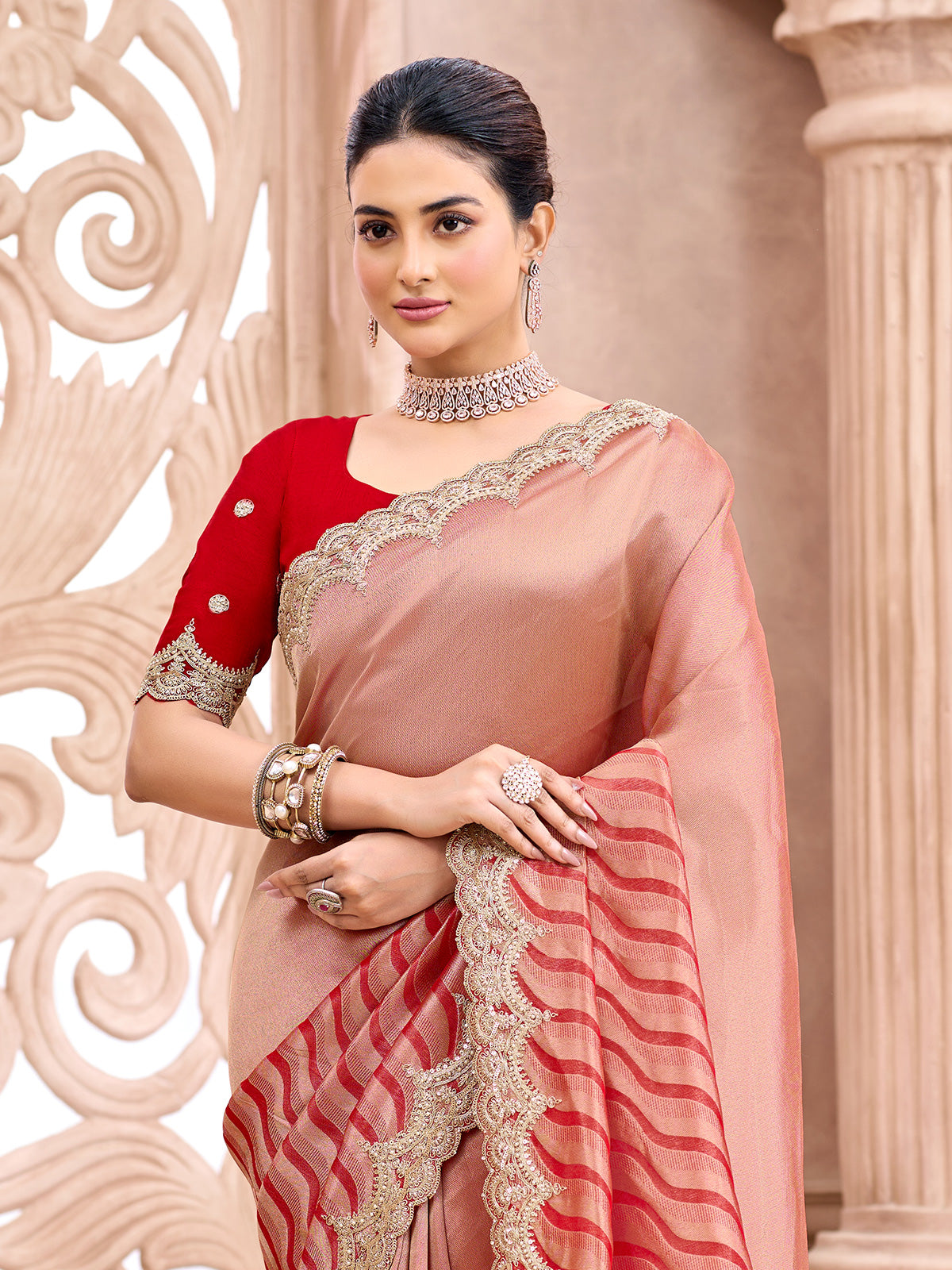 Pastel peach mughal arch embroidered women saree