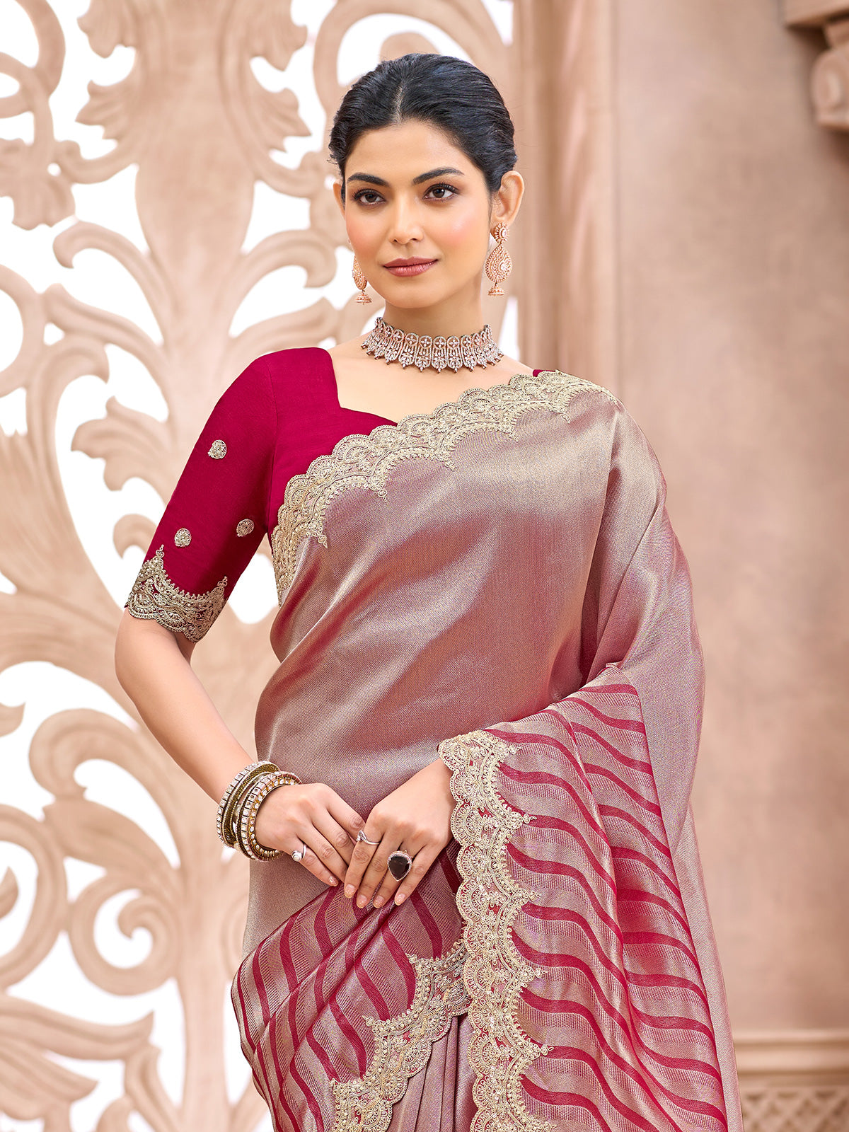 Pastel red scalloped wave designer women saree