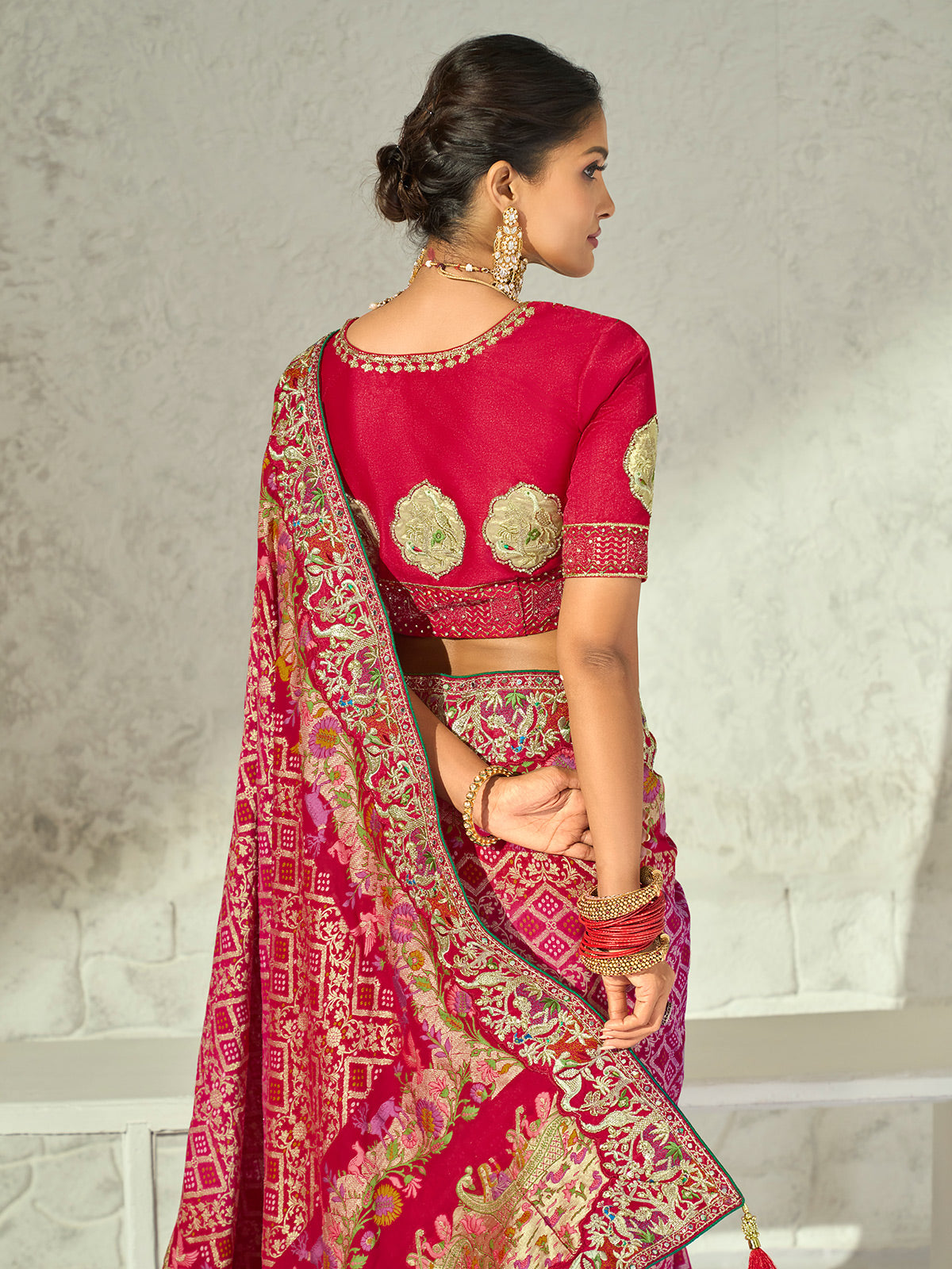 Multicolour gharchola shikargah designer women bandhej saree