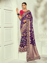 Blue antique zari designer women bandhej bridal saree