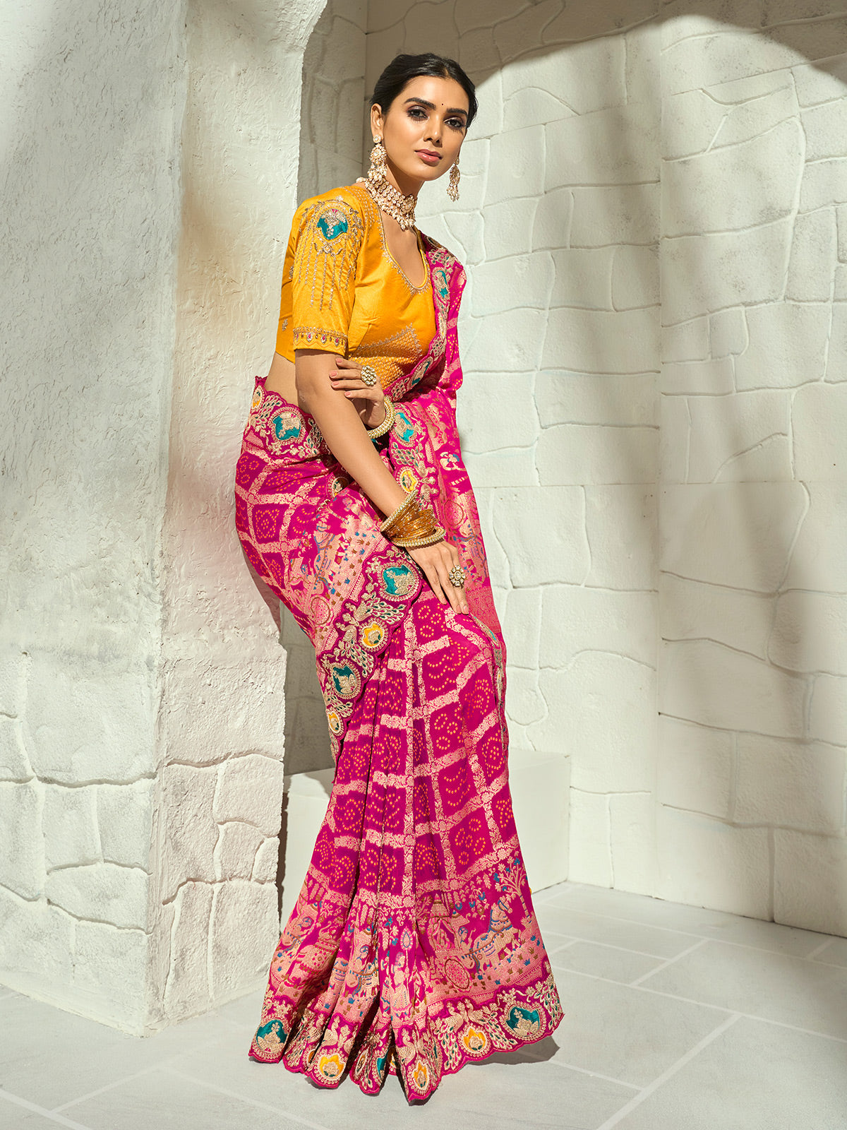 Rani pink leheriya peacock designer women bandhej saree