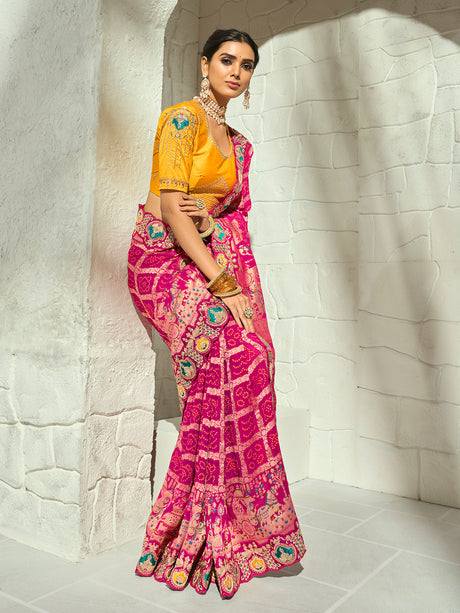 Rani pink leheriya peacock designer women bandhej saree