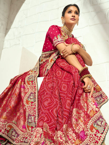 Red royal elephant brocade designer women bandhej saree