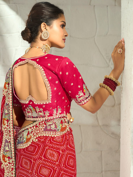 Red royal elephant brocade designer women bandhej saree