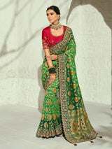 Green Mughal arch shikargah designer women bandhej saree