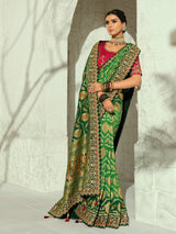 Green Mughal arch shikargah designer women bandhej saree