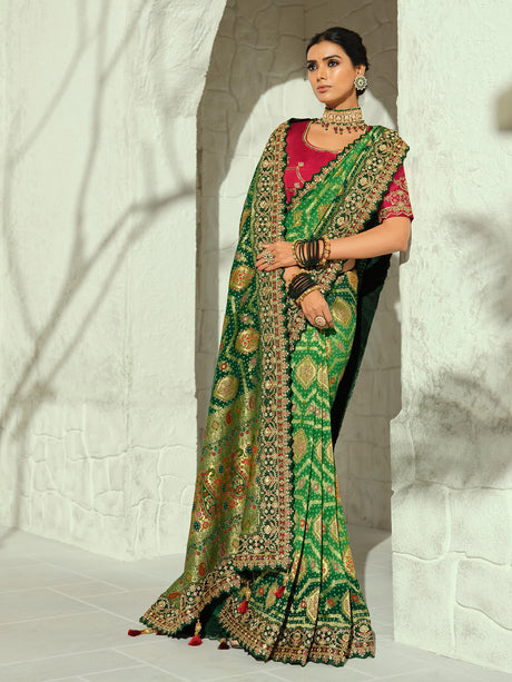 Green Mughal arch shikargah designer women bandhej saree