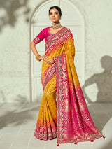 Yellow orange shaded elephant designer women bandhej saree