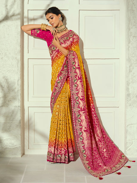 Yellow orange shaded elephant designer women bandhej saree