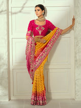 Yellow orange shaded elephant designer women bandhej saree