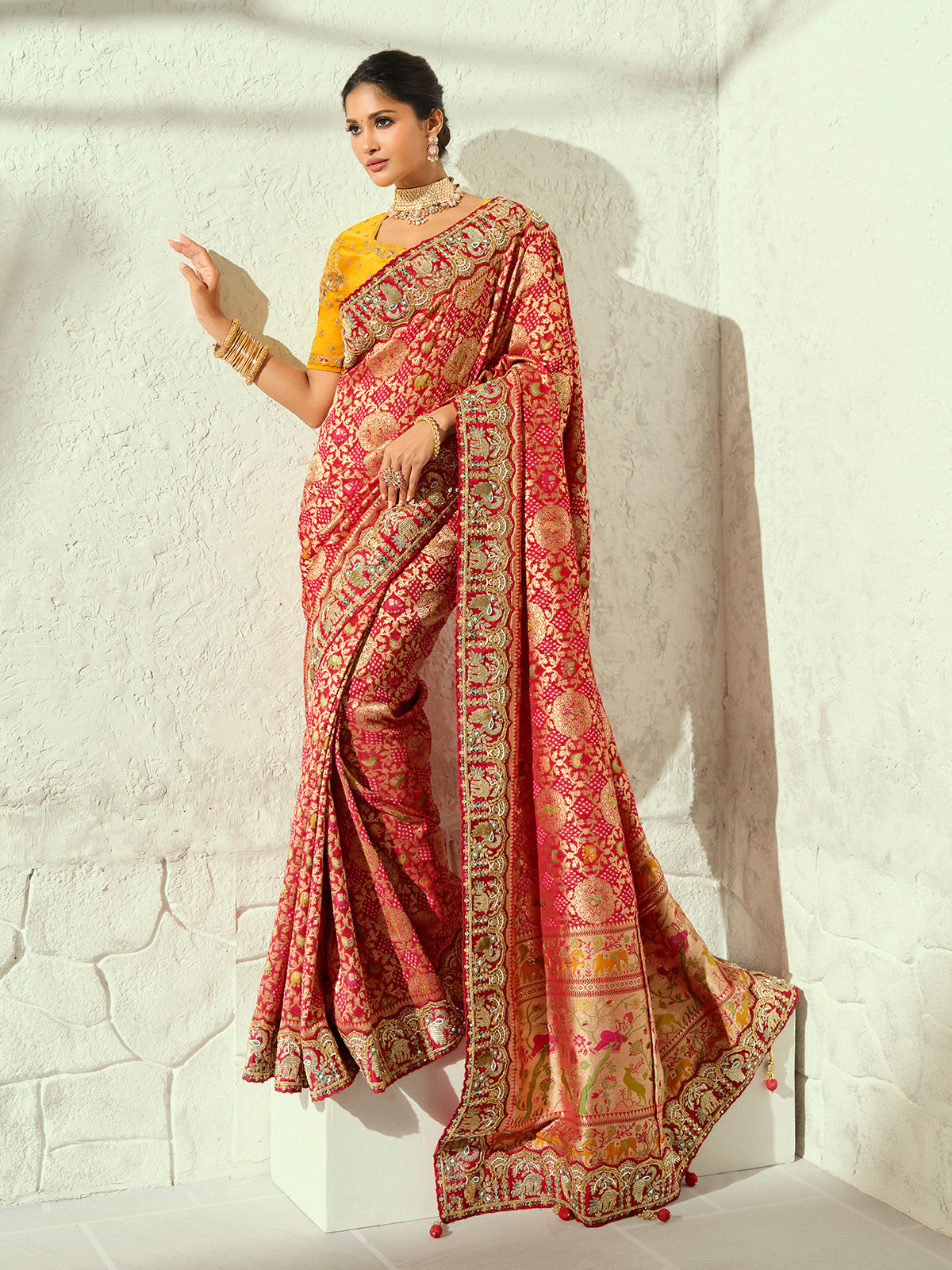 Red royal shikargah designer women bandhej saree
