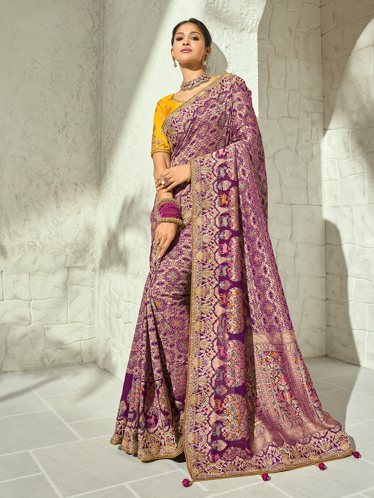 Purple floral shikargah designer women bandhej saree