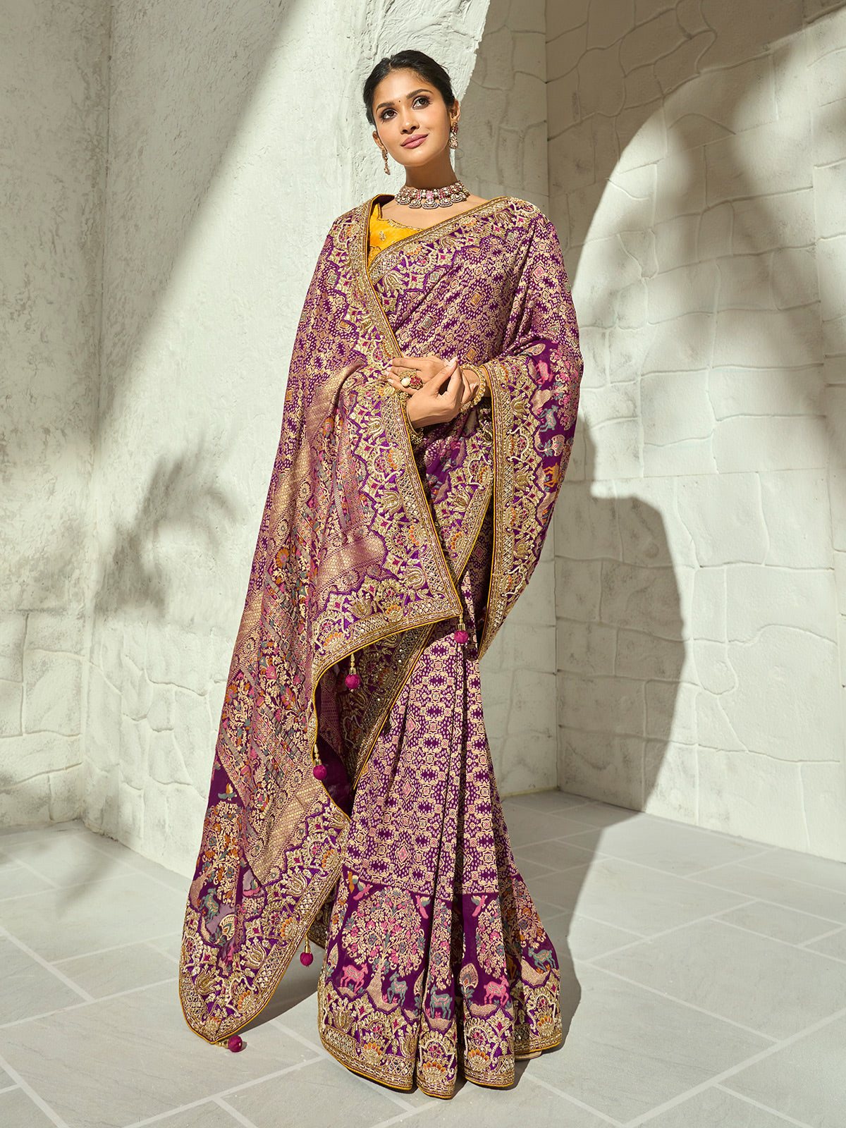 Purple floral shikargah designer women bandhej saree